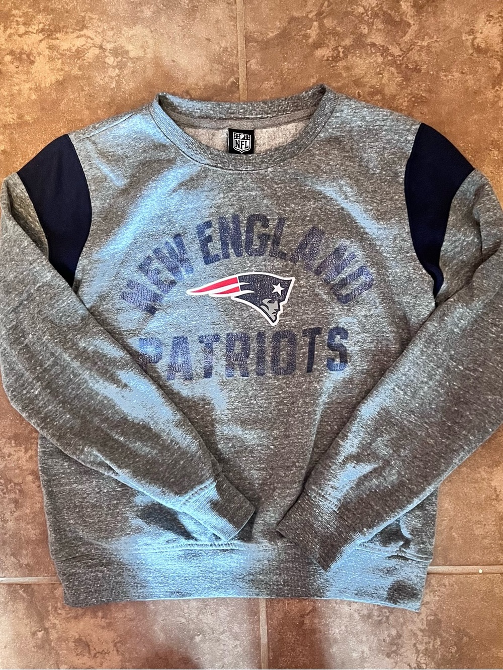 NFL New England Patriots Gray Crewneck with Navy Shoulder Panels